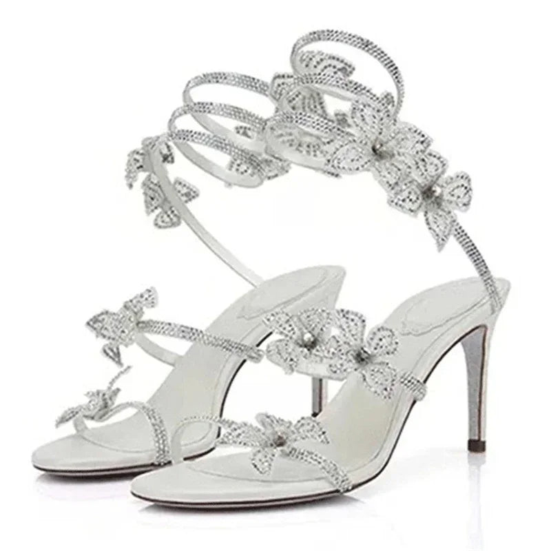 Eilyken Sexy Crystal Butterfly-knot Ankle Strap Sandals Woman Fashion Open Toe Stiletto High Heels Banquet Party Pumps Shoes