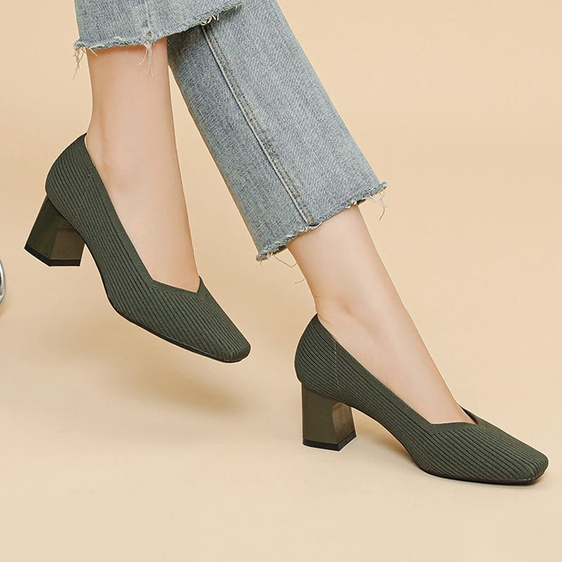 Women's High Heels Comfortable Square Knitted Breathable Comfortable Shoes (5cm High) Autumn 2025 New Collection