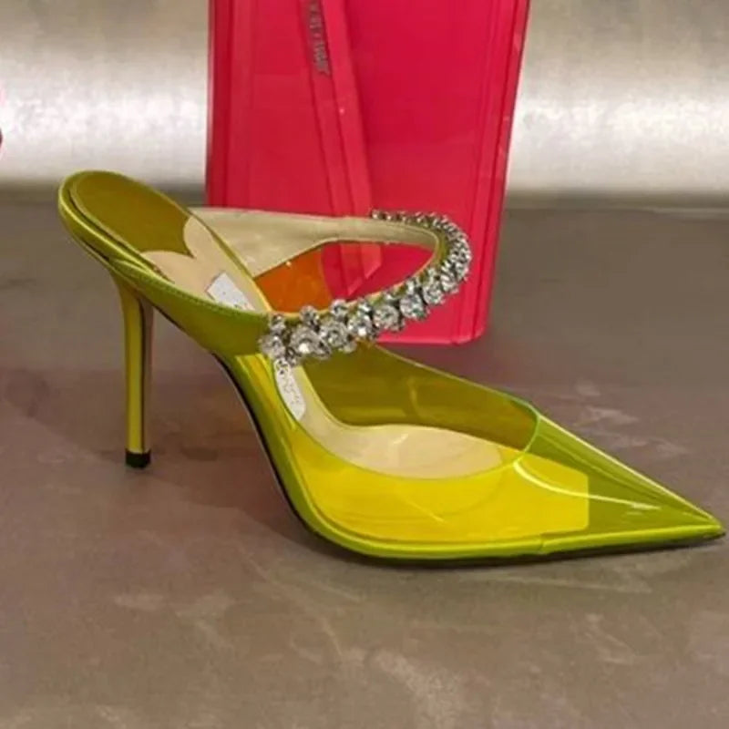 2025 Summer New Pointed High Heels Women's Muller Shoes Transparent Water Diamond Sexy Fashion Thin Heel Women's Sandals