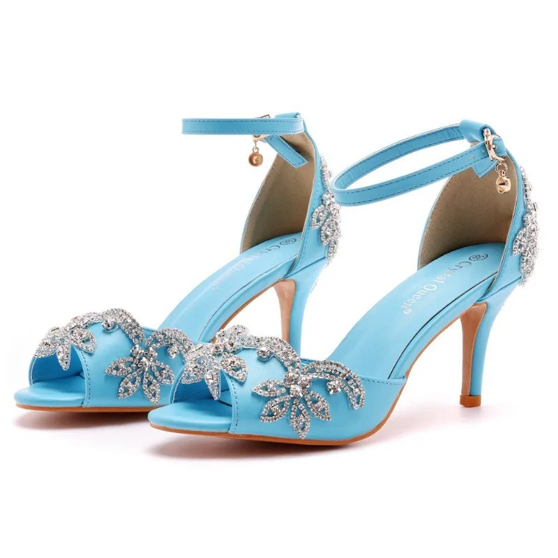 Quality Women Sandals Female Rhinestone PU 7CM Thin Heels Buckle Strap Korean Style Women's Shoes Dress Sky Blue Mature