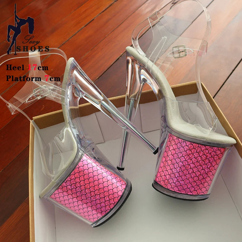 High-quality 17CM/7inches Women Sandals Stripper High Heel Shoes Transparent Platform Glitter Stiletto Pole Dance Shoes Wedding