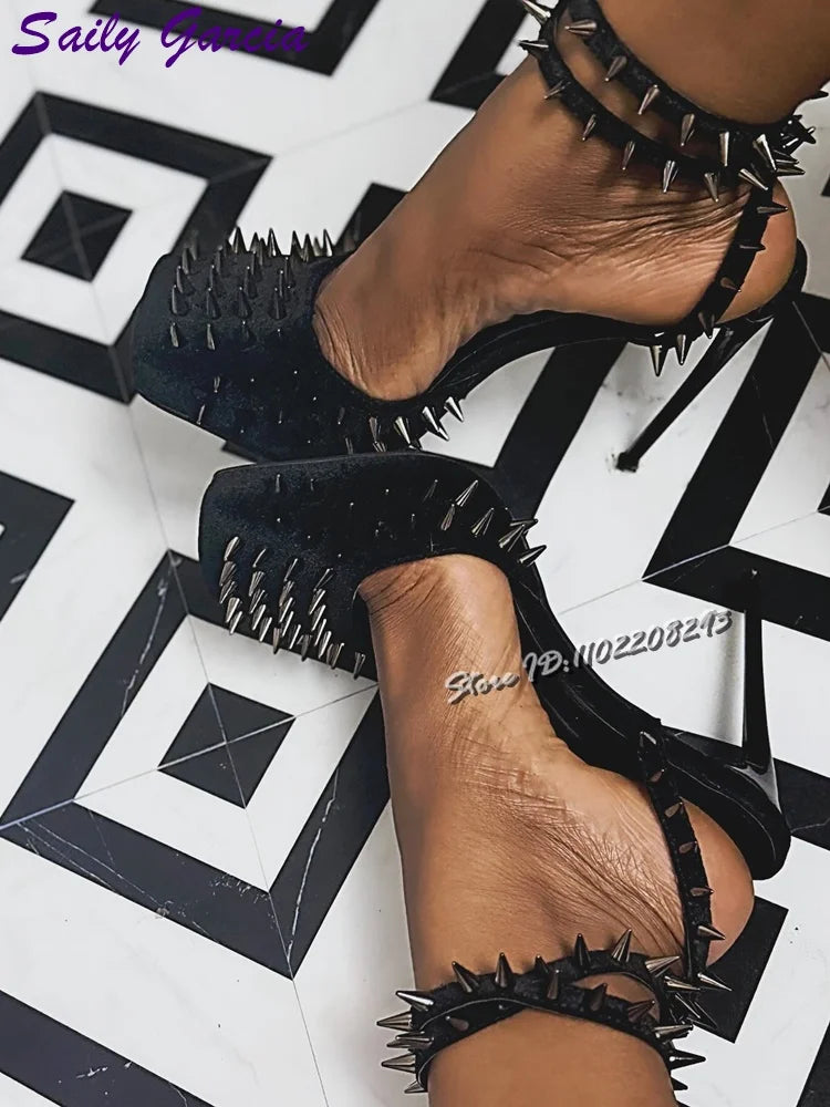 Sexy Suede Spikes Pumps Black Square Toe Shallow Rivet Cross-tied High Heels 2025 Summer New Elegant Party Fashion Women Shoes