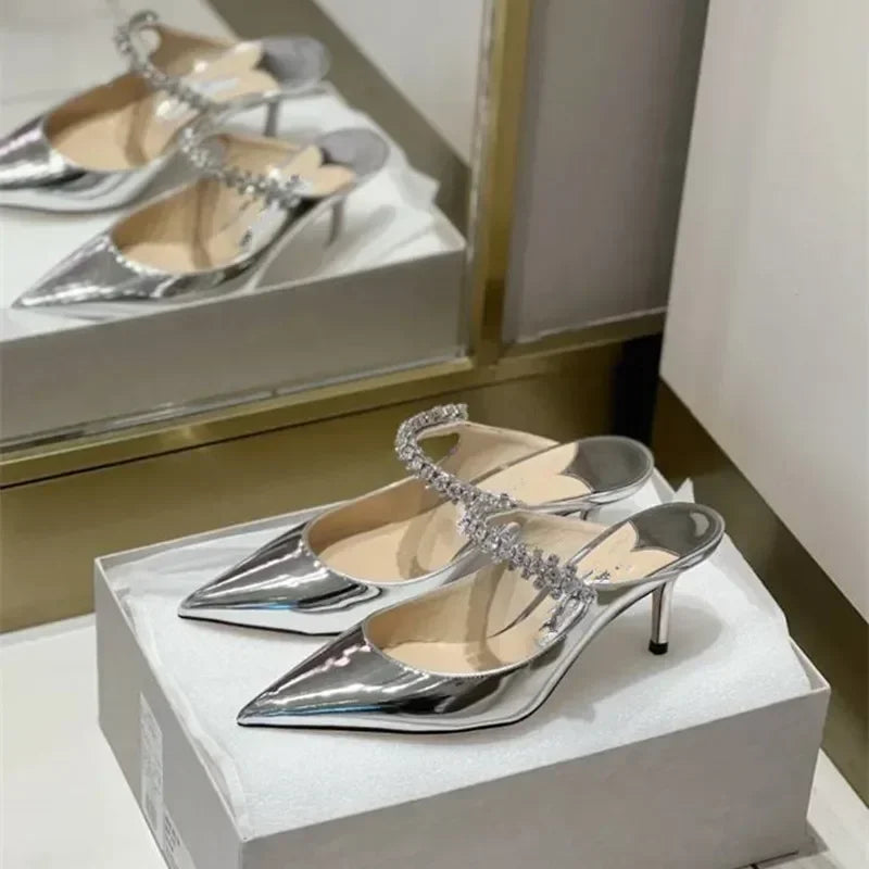 2026 New Fashionable Fine Heeled Muller Shoes with Pointed Water Diamond Chain Banquet Shallow Mouth Women's High Heel Sandals
