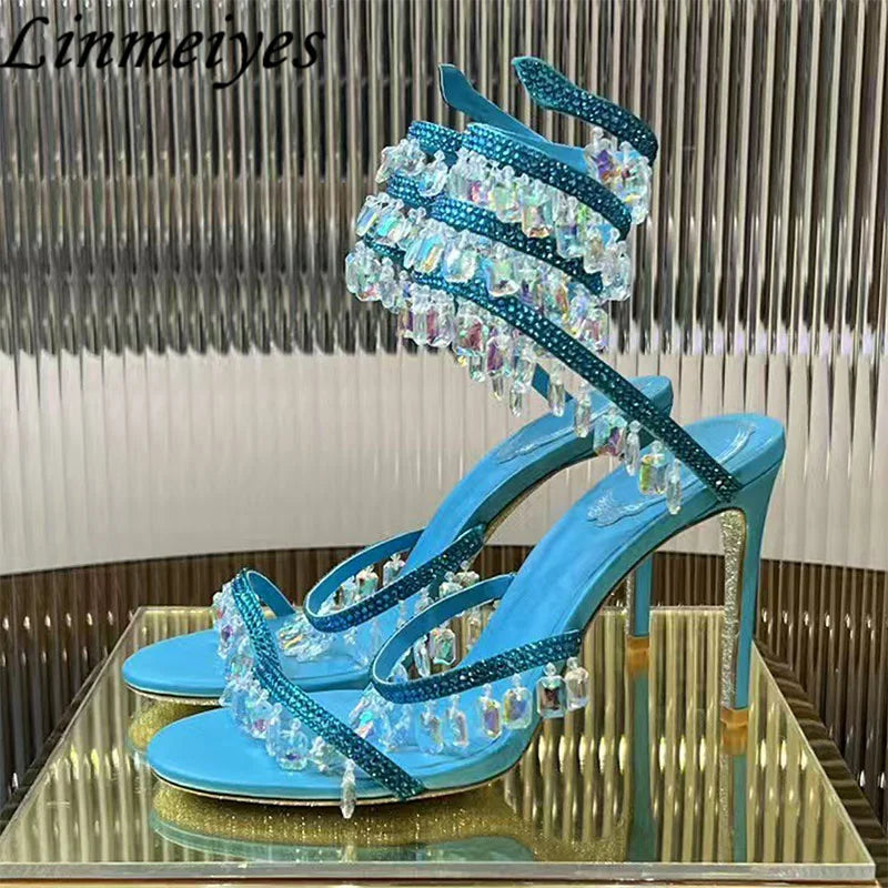 Luxury High Heels Sandals Women Crystal Pendant Snake Twine Around Ankle Strap Wedding Shoes Summer Bohemian Sandals Woman