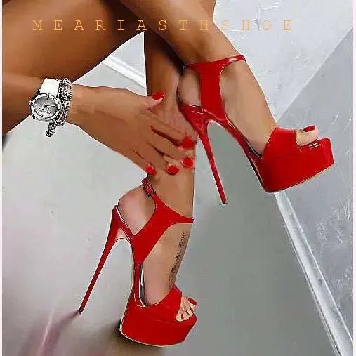 Sexy Red 16cm High Heels Platform Sandals For Women Fashion Double Buckle Strap Open Toe Wedding Banquet Shoes Big Size 45 46