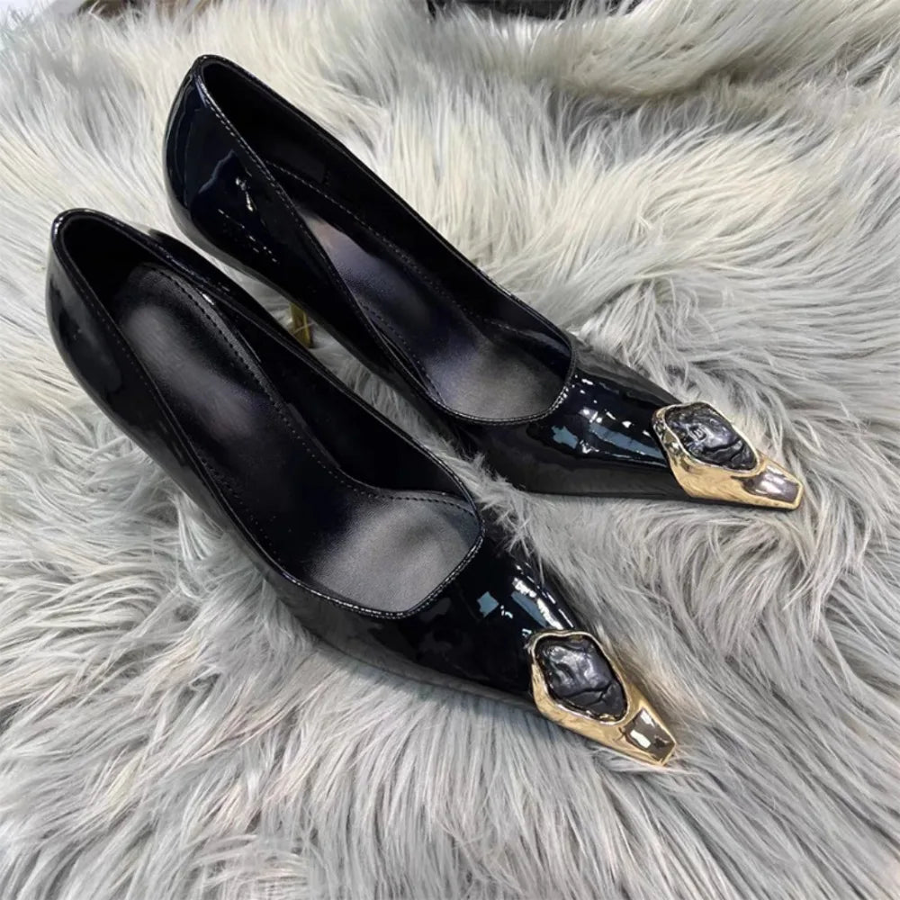 Designer Sexy Ladies' Elegant Retro Pointed-toe Shallow Mouth Gemstone High-heeled Metal Patent Leather One-strap Heel Sandals
