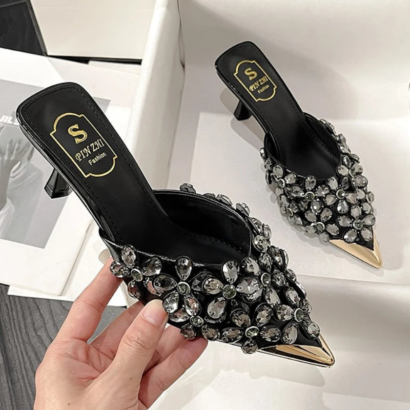 Luxury Rhinestones Pointed Toe Mules Pumps Women Slippers Summer New Fashion Slides Designer High Heeled Sandals Female Tacones