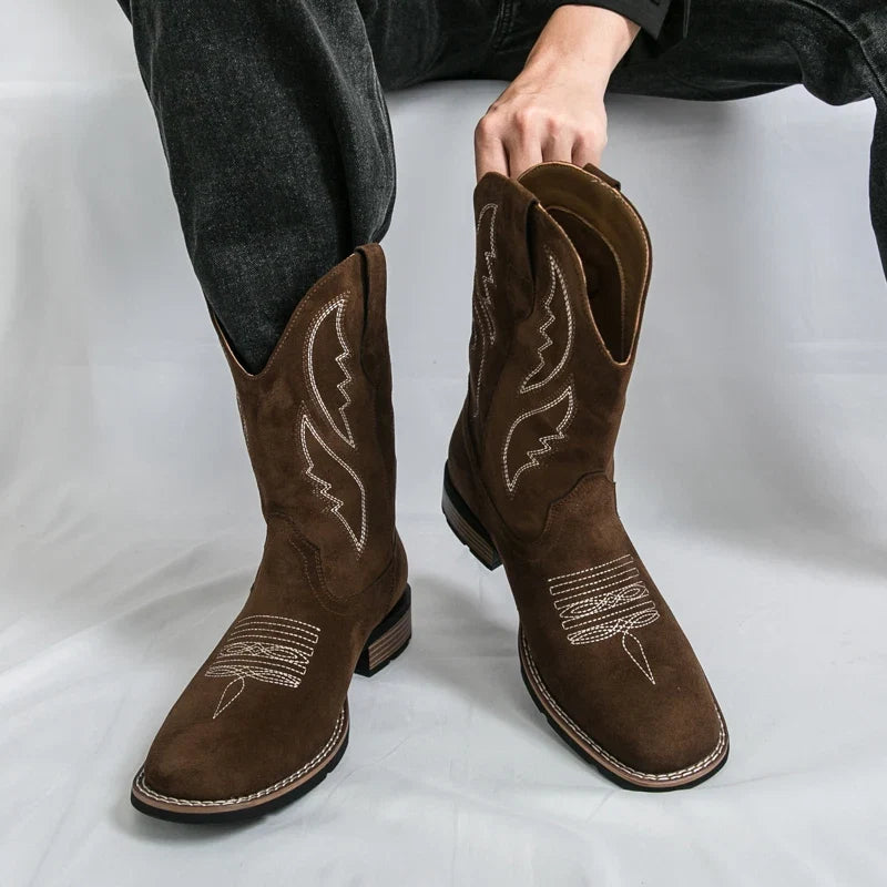 New Western Men's Cowboy Boots Vintage Mid-calf Motorcycle Boots Fashion Suede Leather Men's Boots Outdoor Casual Riding Boots