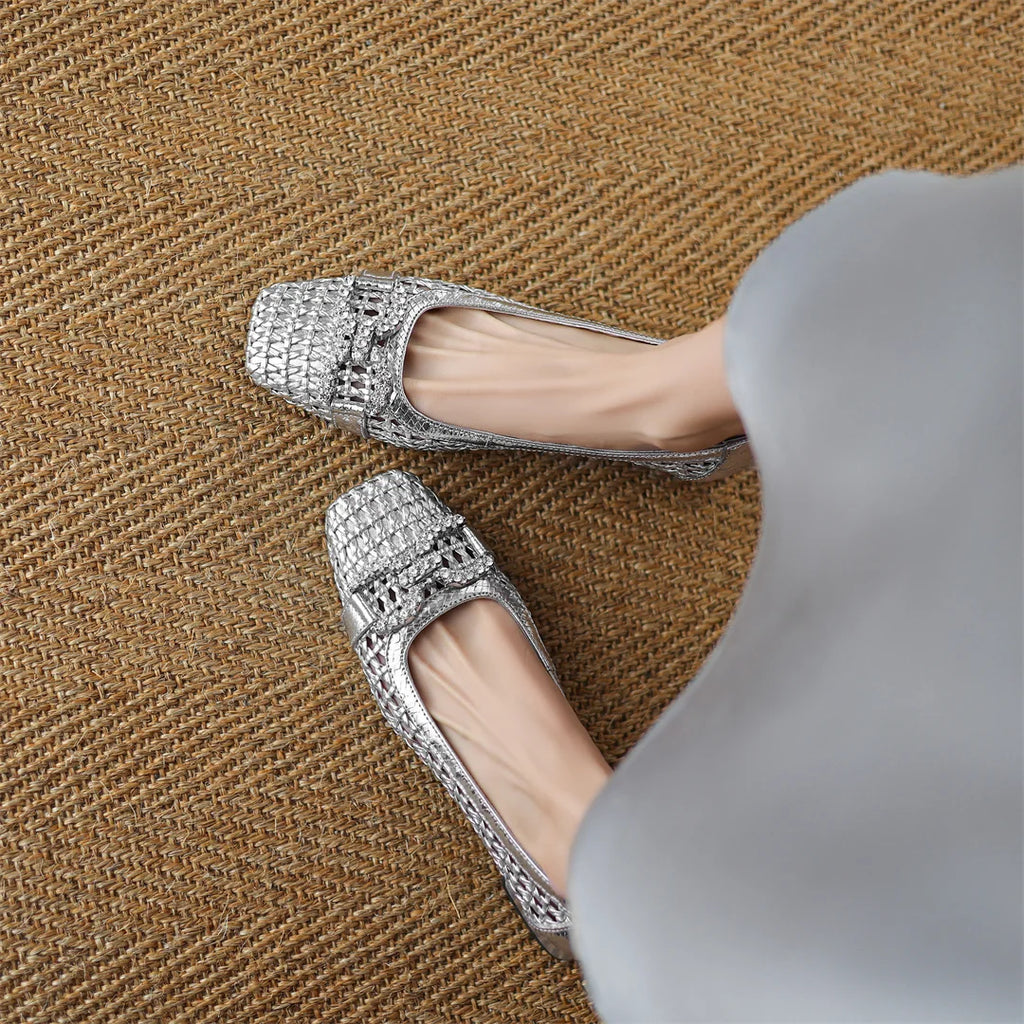 Women's genuine leather braided microfiber patchwork summer breathable pumps crystal buckle 4cm thick med heel daily dress shoes