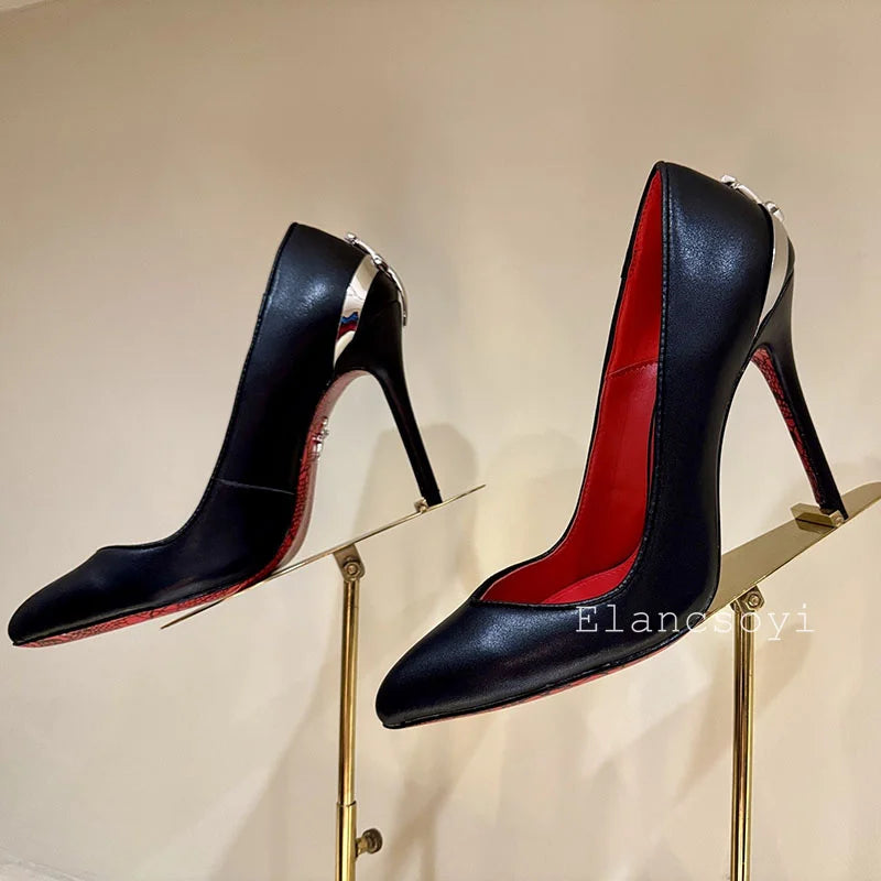 Women Pumps Real Leather Metal Sword Pointed Toe High Heel Shallow Mouth Thin Heel Single Shoes Spring Autumn Sexy Runway Shoes