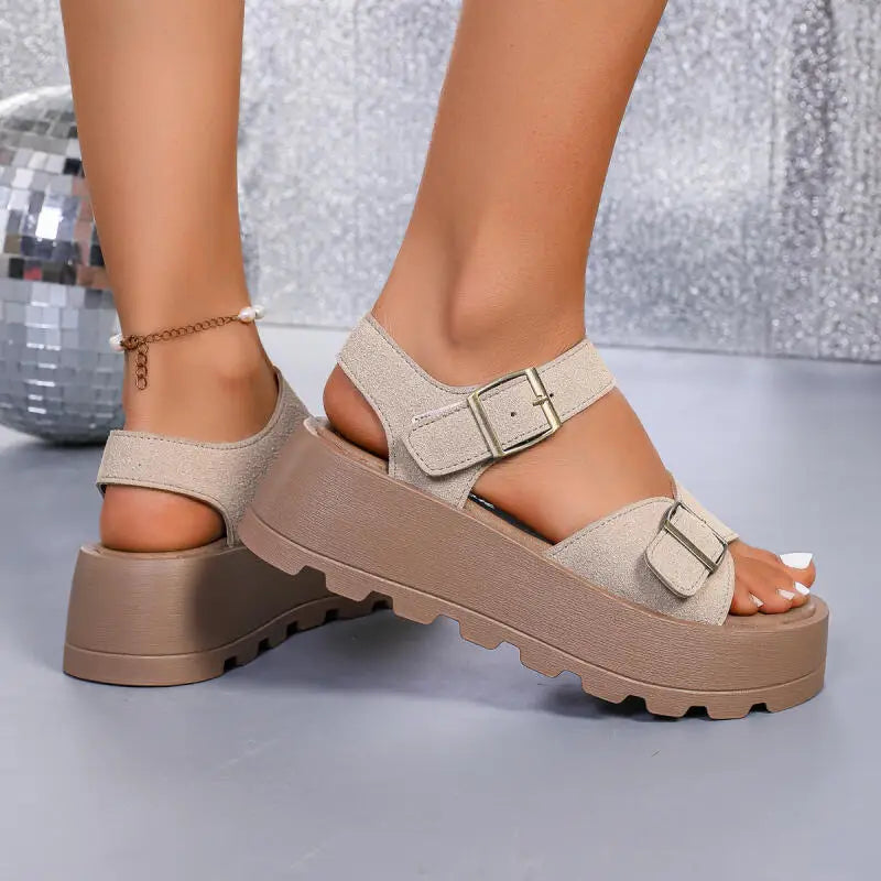 Classic Suede Metal Buckle Thick Bottom Sandals Women Summer 2026 Soft Platform Wedge Heel Sandals Plus Size Woman's Beach Shoes