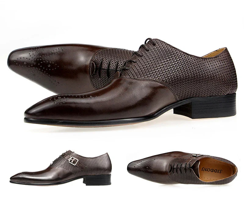 Mens Formal Genuine Leather Shoes Fashion Zapato Social Male Wedding Dress Loafer Weave Printing Lace-up Daily Brogue Shoes