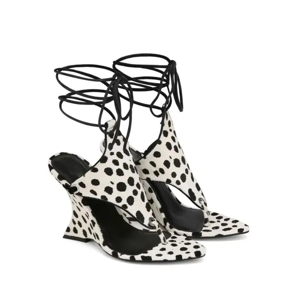 Print Wedge Heel Sandals Women's Lace-Up Flip Flops with Ankle Straps  Animal Pattern Footwear for Summer Parties & Street Style