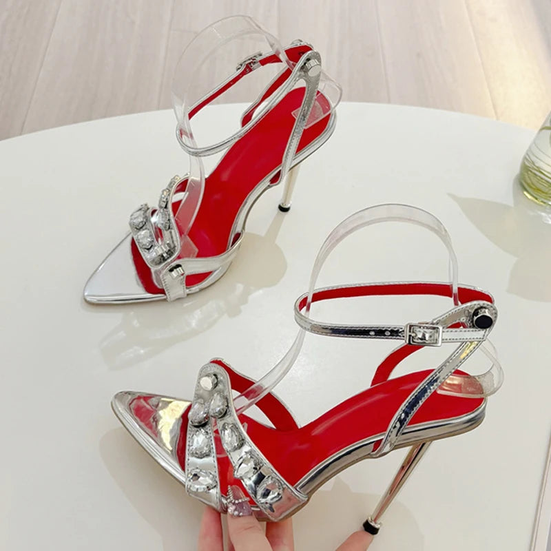 Liyke Summer Fashion Gem Rivet Narrow Band Women's Metal Thih High Heels Sandals Sexy Pointed Open Toe Party Dress Shoes Size 41