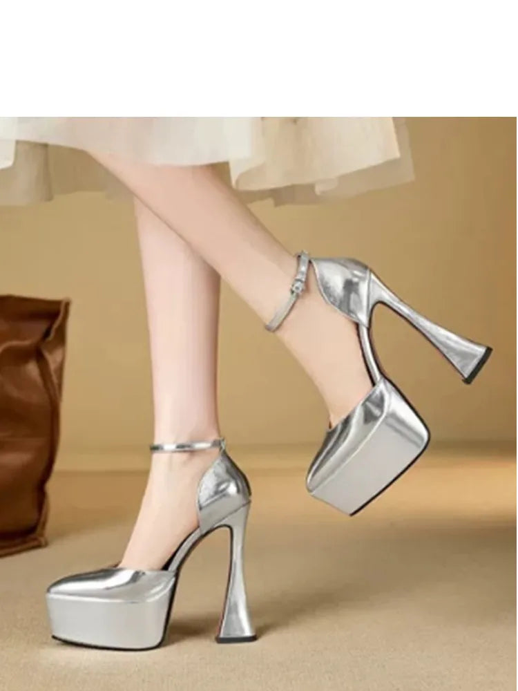 2025 Spring/Summer Women's New 15cm Thick High Heel Sandals Platform Pointed Banquet Wedding Women's Large Single Shoes
