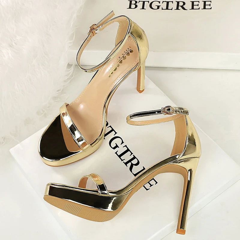 Luxury Women 11 Cm Heels Sandals Women Pumps Peep Toe High Heels Patent Leather Stiletto Lady Sandals Summer Shoes Platform Heel