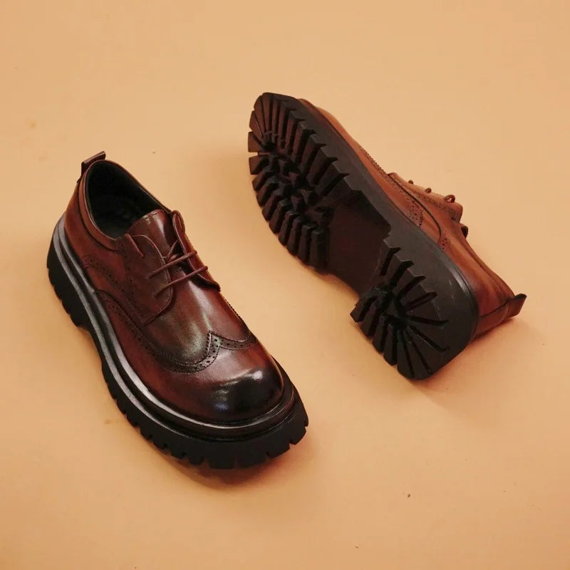 British Style Men's Block Shoes Thick Soled Durable for Office Interviews Formal Shoes Retro Brown Men's Shiny Leather Shoes3846