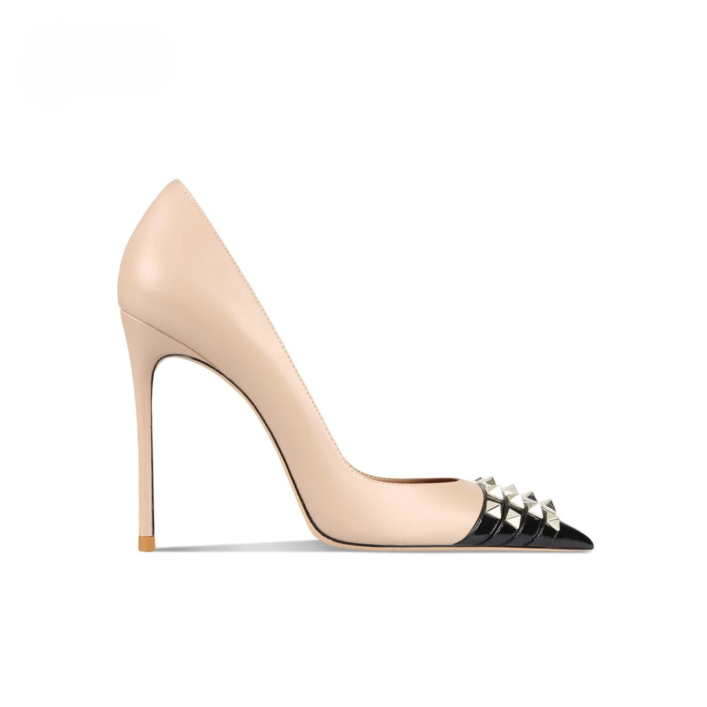 New Splicing Rivet Blackhead Naked High Heels Thin Heels Pointed Shallow Mouth Sexy Single Shoes