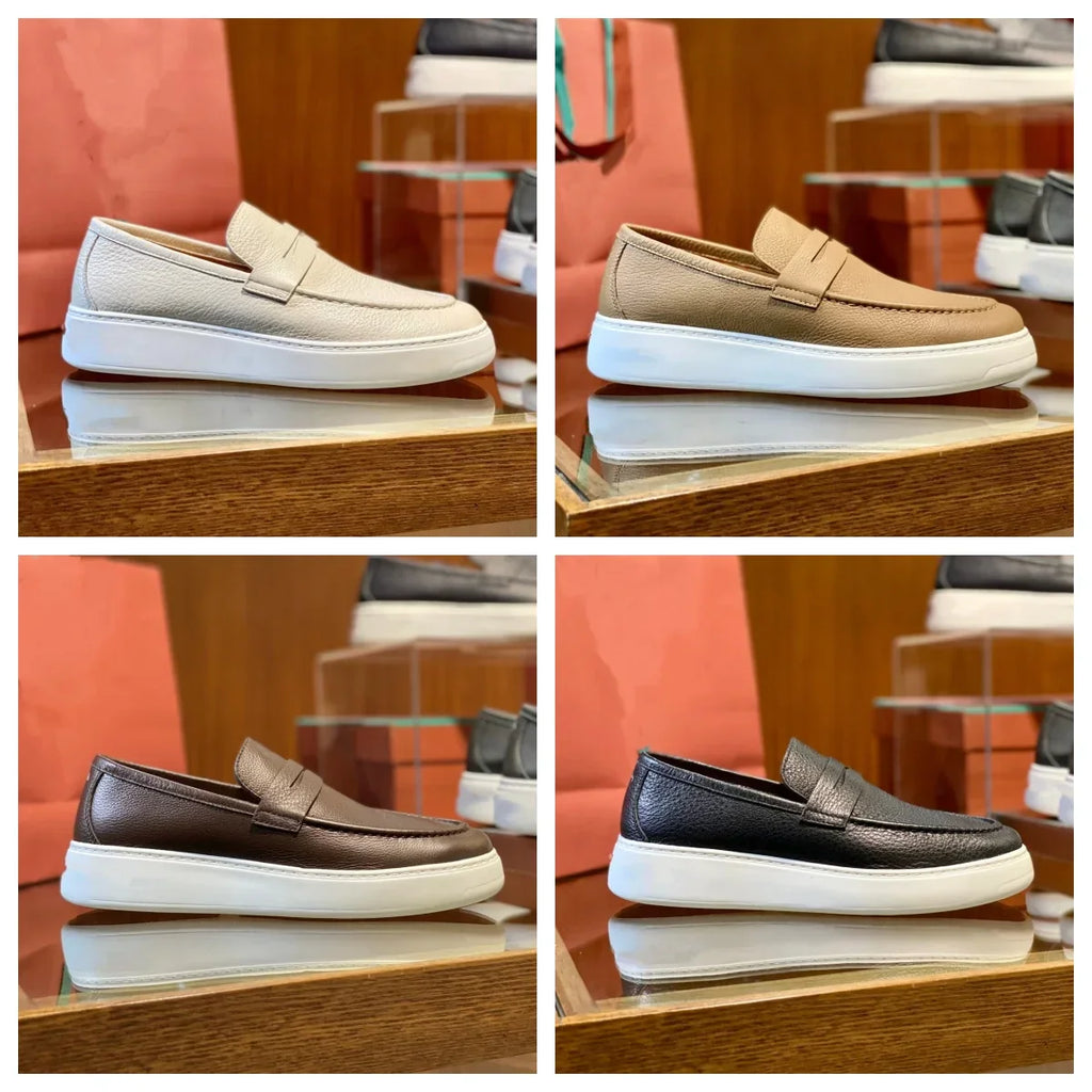 2026 New Men Genuine Grain Leather Penny Loafers Slip On Platform Non Slip Soft Sole Business Casual Driving Daily Walking Shoes