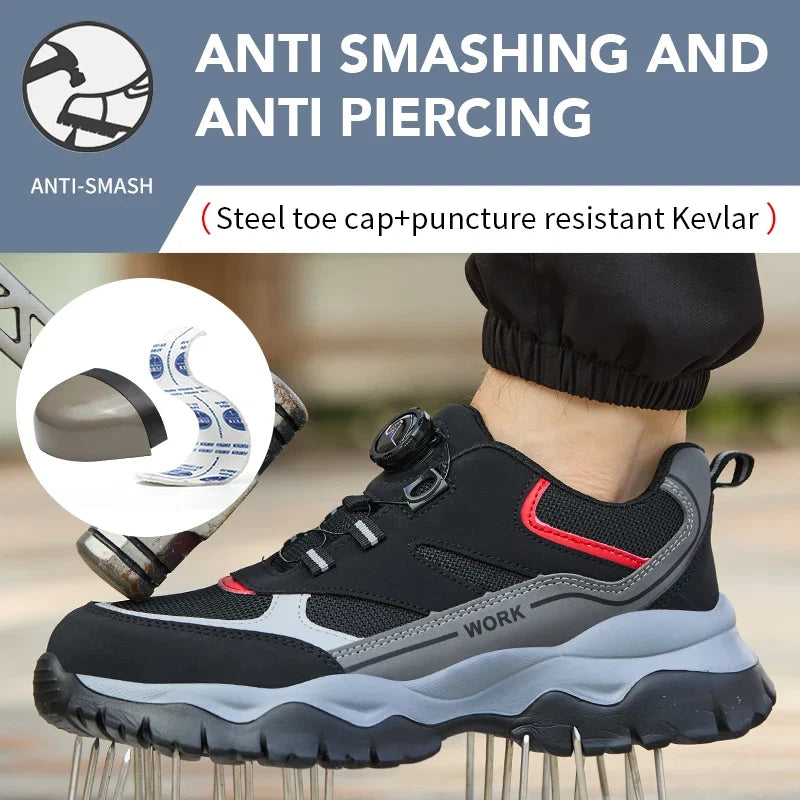 Mens Work Shoes Steel Toe Safety Boots Anti-smash Shoes Mens Black Lightweight Breathable Sneakers Rotary Button Shoes