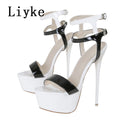 Liyke Sexy Red High Heels Platform Sandals For Women Fashion Double Buckle Strap Open Toe Wedding Banquet Shoes Big Size 45 46