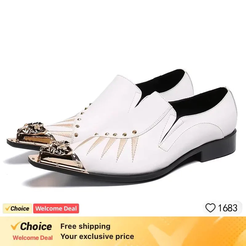 New Handmade Men white Gentleman Luxury shoes and Gold Top Fashion Prom and Banquet men dress shoes men's flats