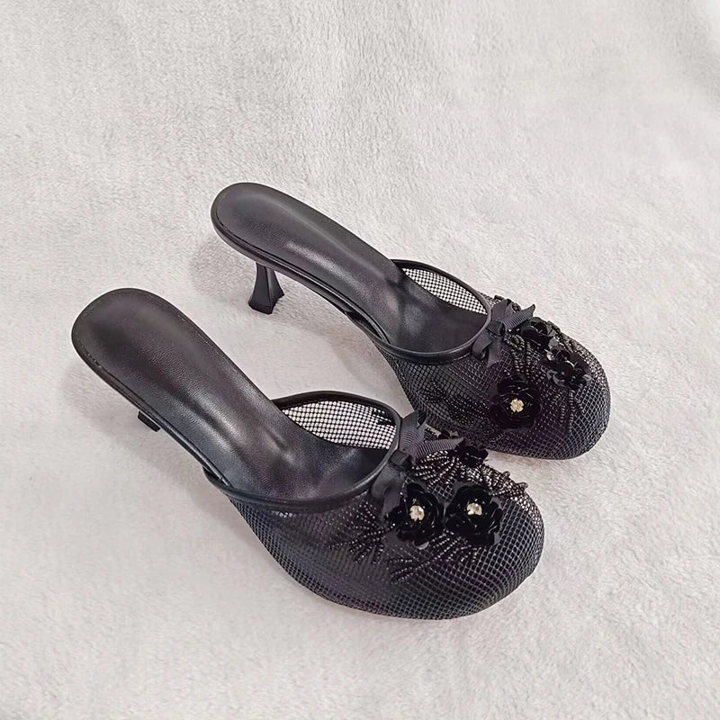 Summer mesh flower beads women slide sexy thin heel sandal