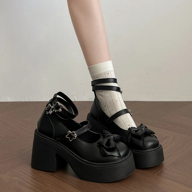 Spring Platform Thick Bottom Women Lolita Mary Jane Shoes Butterfly-knot Buckle Strap Shoes Ladies Elegant Heel Dress Pumps