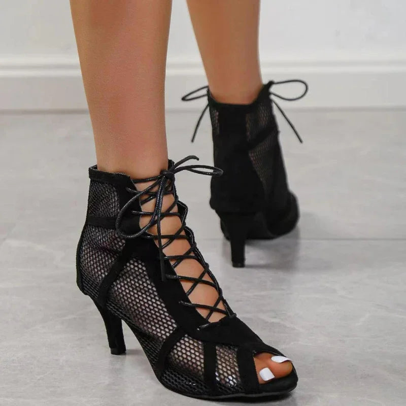 Sexy High Heels Hollow Women's Sandals Cross-tied Peep Toe Casual  Women Shoes Ankle Strap Dance Shoes Black Net Female Pumps