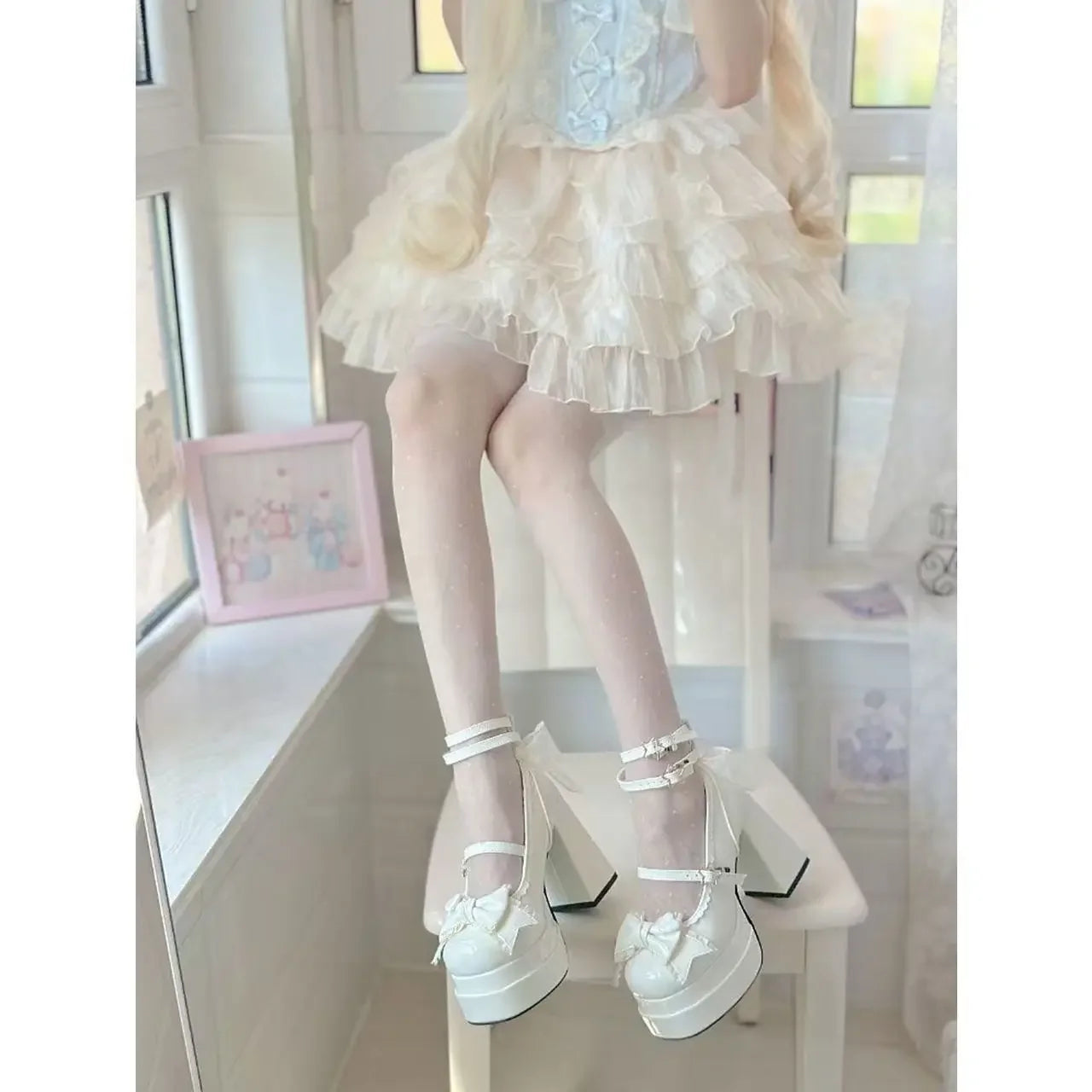 Platform High Heel Women Lolita Pumps Fashion Shallow Butterfly-knot Shoes Ladies Party Dress Cross Strap Mary Jane Shoes