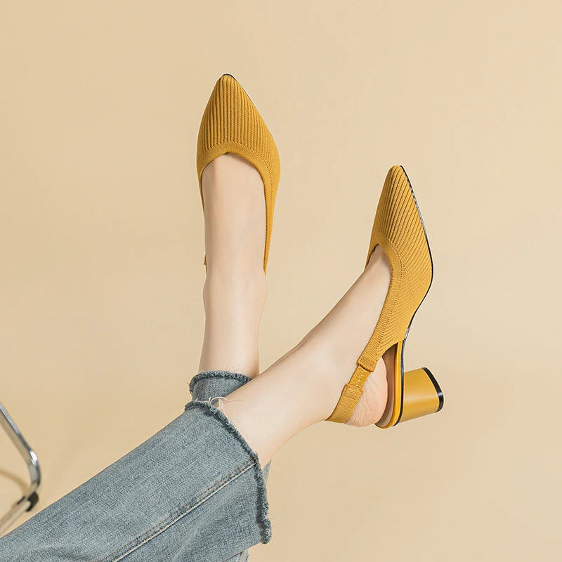 Large Women's High Heel Sandals Fashion Stripes Soft and Breathable Knitted Round Thick Heel Shoes 2025 New (High Heel 5cm)